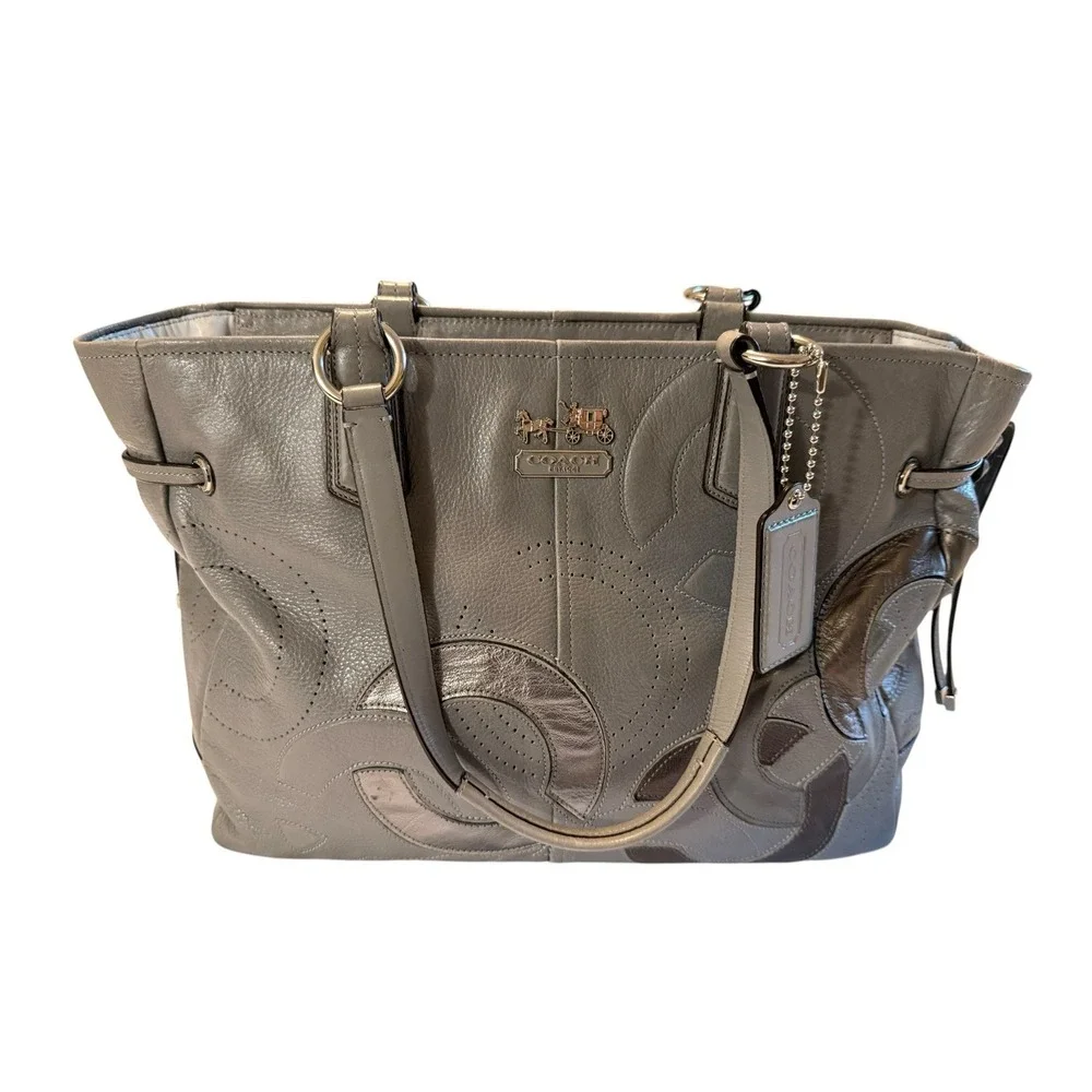 Coach Chelsea Inlaid Leather Charlie Gray Grey Tote Zip Large Patchwork